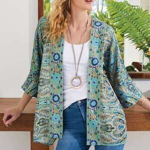 Soft Surroundings Embroidered Medina Topper Kimono L/XL Blue Gray Boho